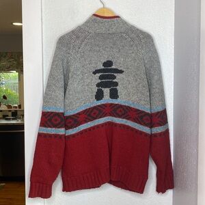 Inuk red grey knit sweater Shetland wool full zip lined insulated pockets